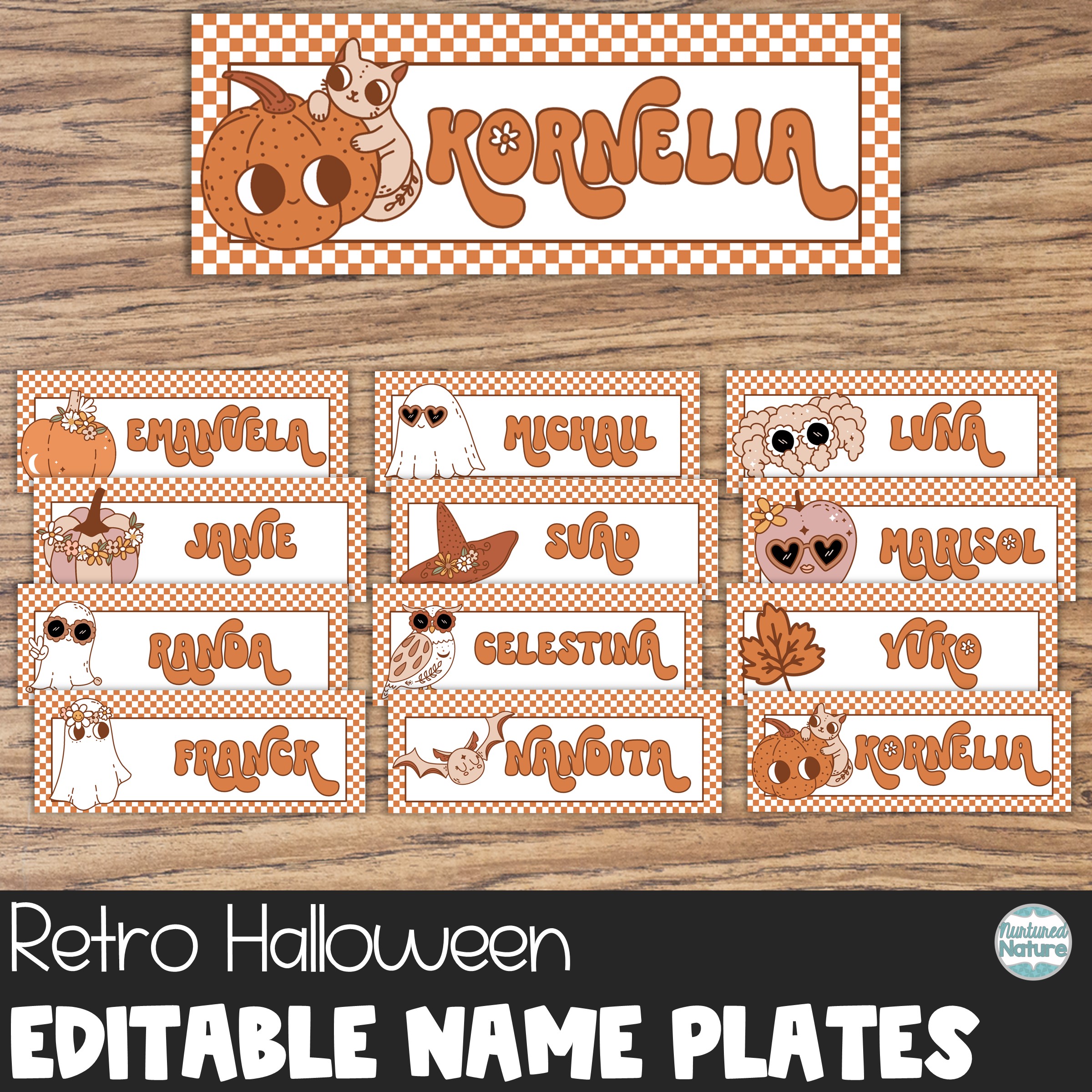 Editable Name Plates - Retro Halloween Name Tags for Desks