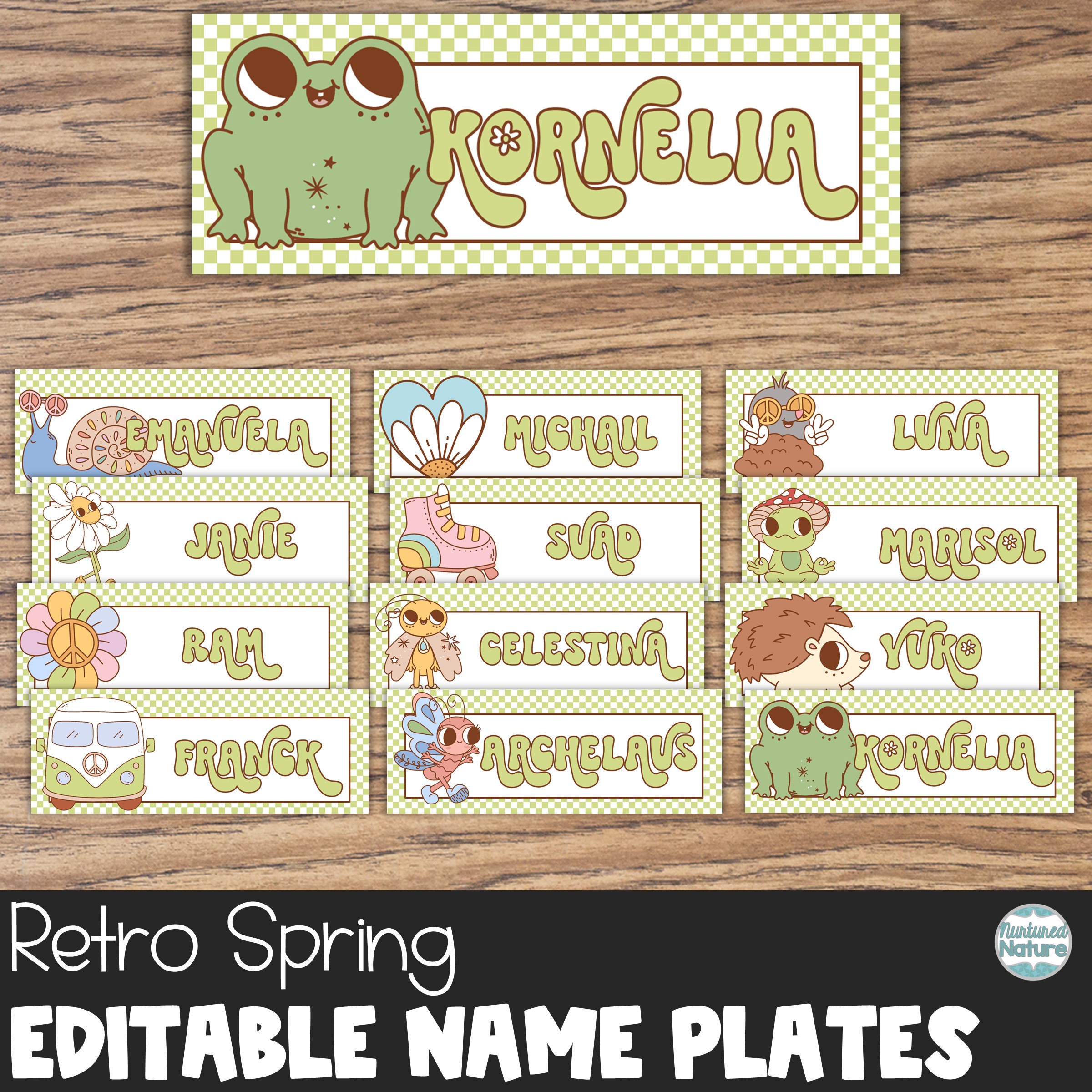 Editable Name Plates - Spring Retro Name Tags for Desks