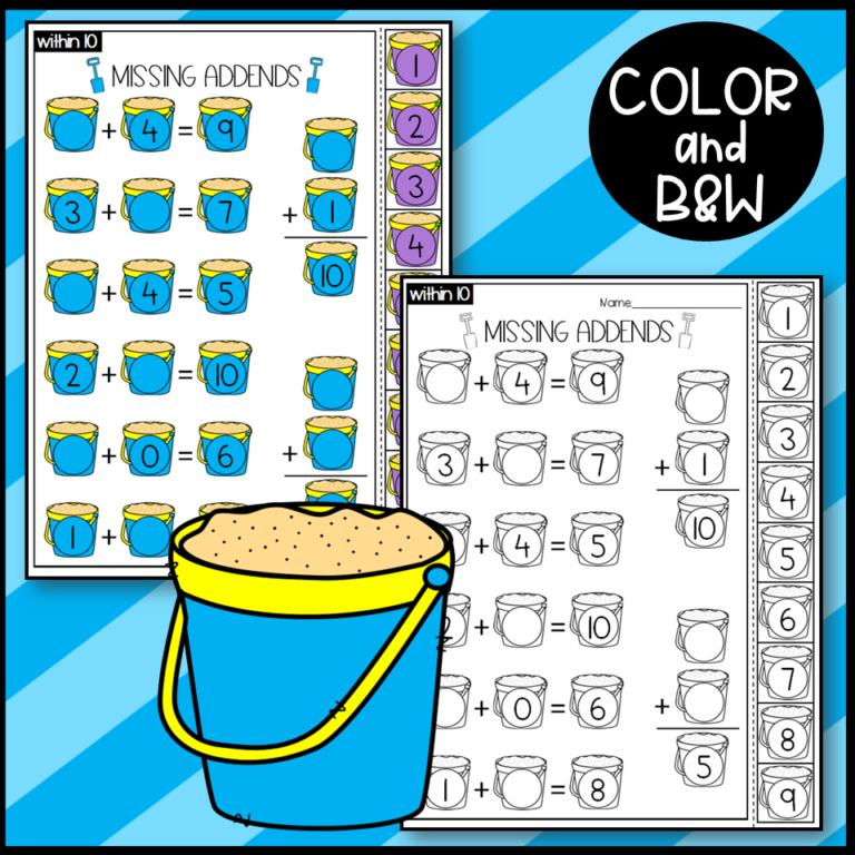 Missing Addends Beach Themed Math Center Worksheets | Made By Teachers