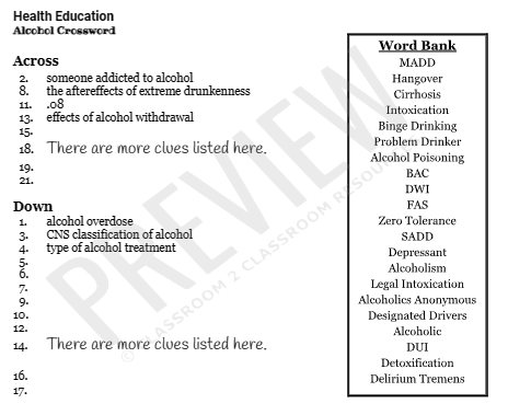 alcohol tobacco and drugs crossword puzzle answers Health Education: Alcohol Crossword