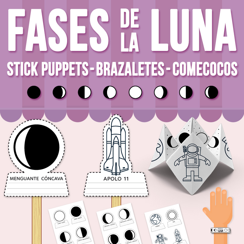 Fases de la Luna Stick Puppets, Brazaletes y Comecocos in SPANISH