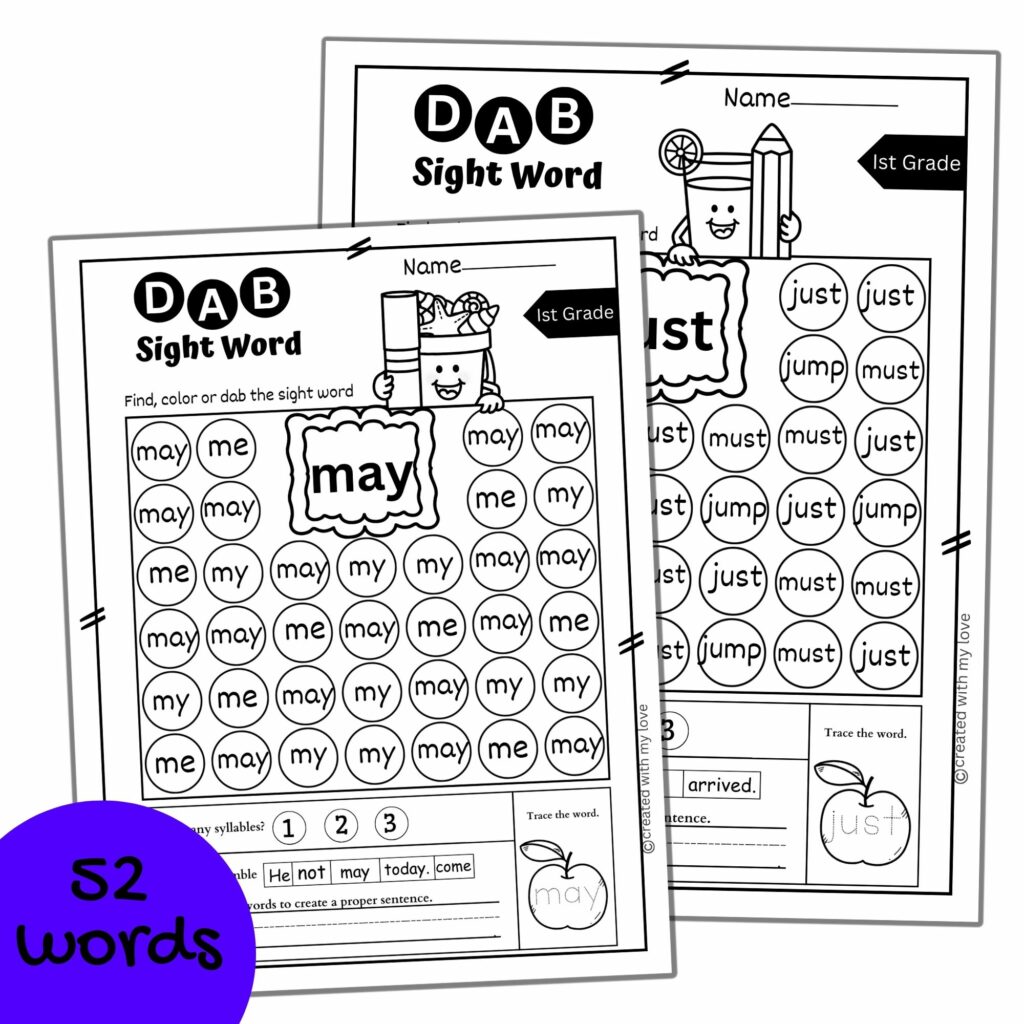 Sight Word Find and Highlight, Dolch 1st Grade Sight Words Fluency Dab