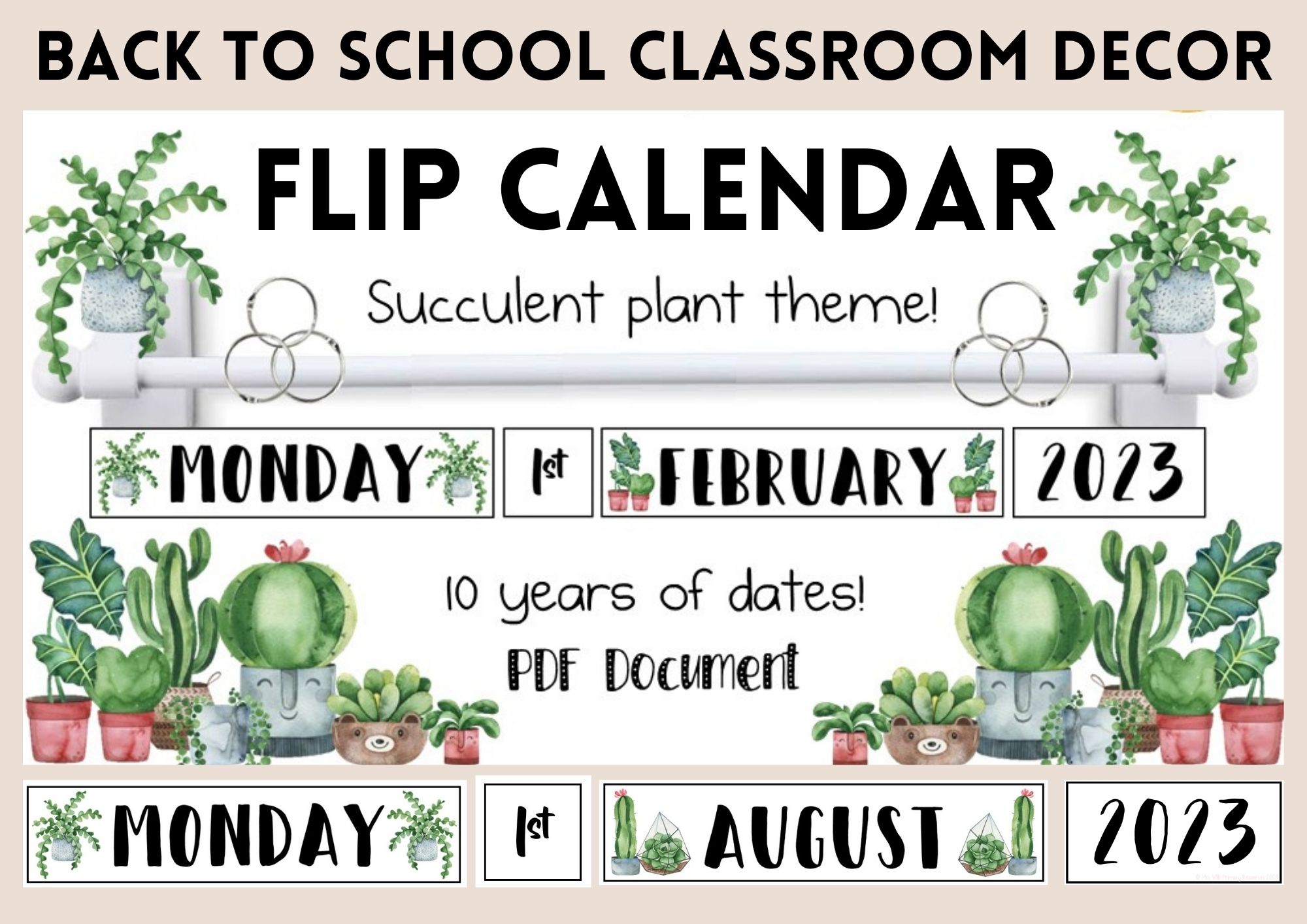 Flip Calendar Day of the Week Succulent Classroom Décor Whiteboard