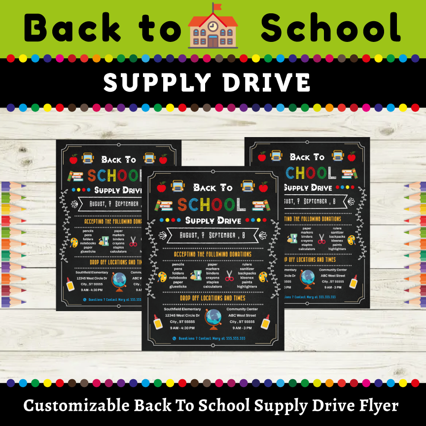 Back to School Supply Drive Flyer : Customizable Fundraiser Poster Printable