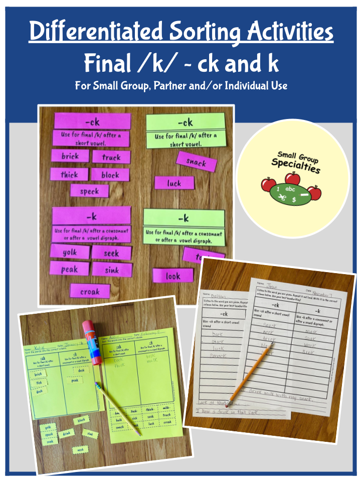 Final /k/ with "ck" and "k" - Differentiated Sorting Activities