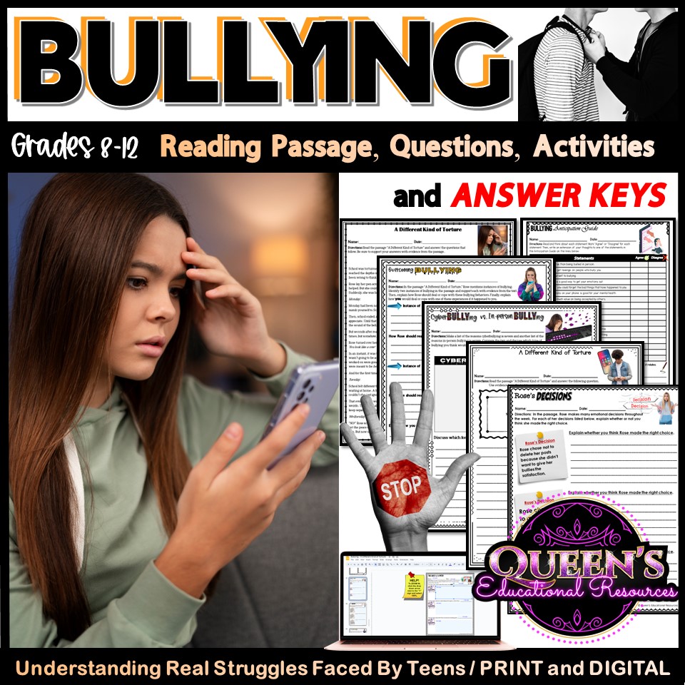 Bullying Reading Passage and Activities Cyberbullying Anti bullying