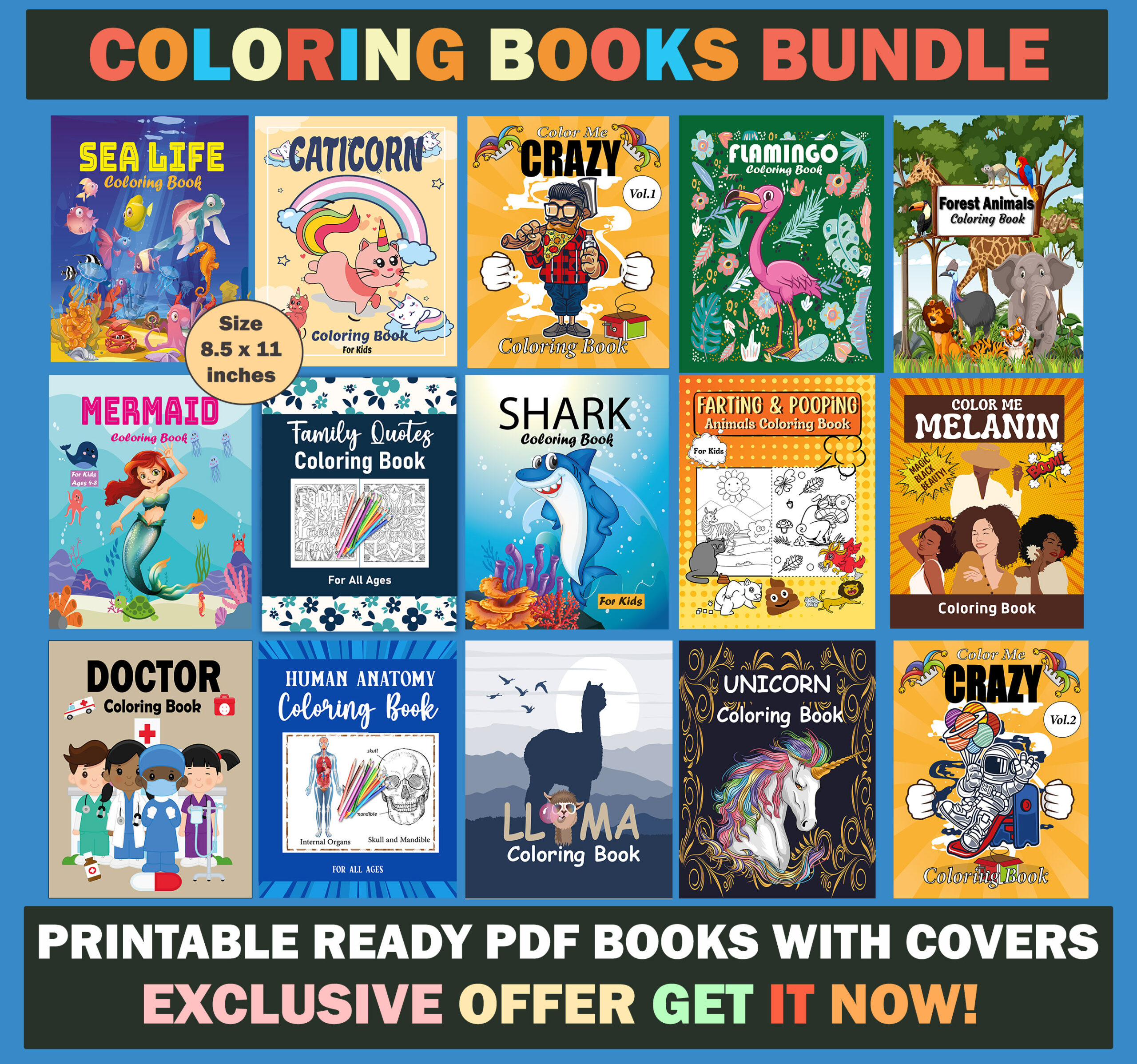 16 Different Coloring Books Bundle - Cute Fun Coloring Pages For Kids & Adults.