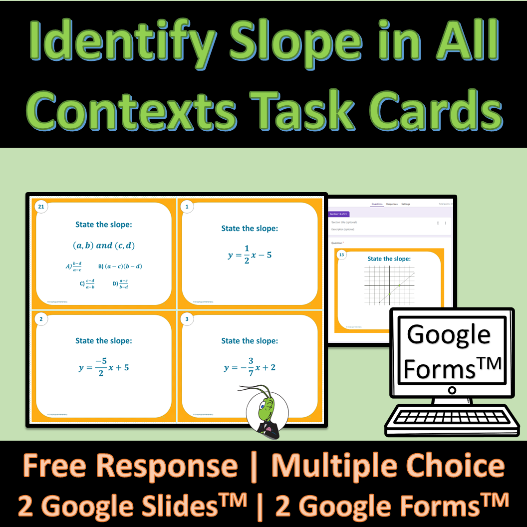 Slope From a Graph, Slope Intercept Form, 2 points Algebra 1 Task Cards Google