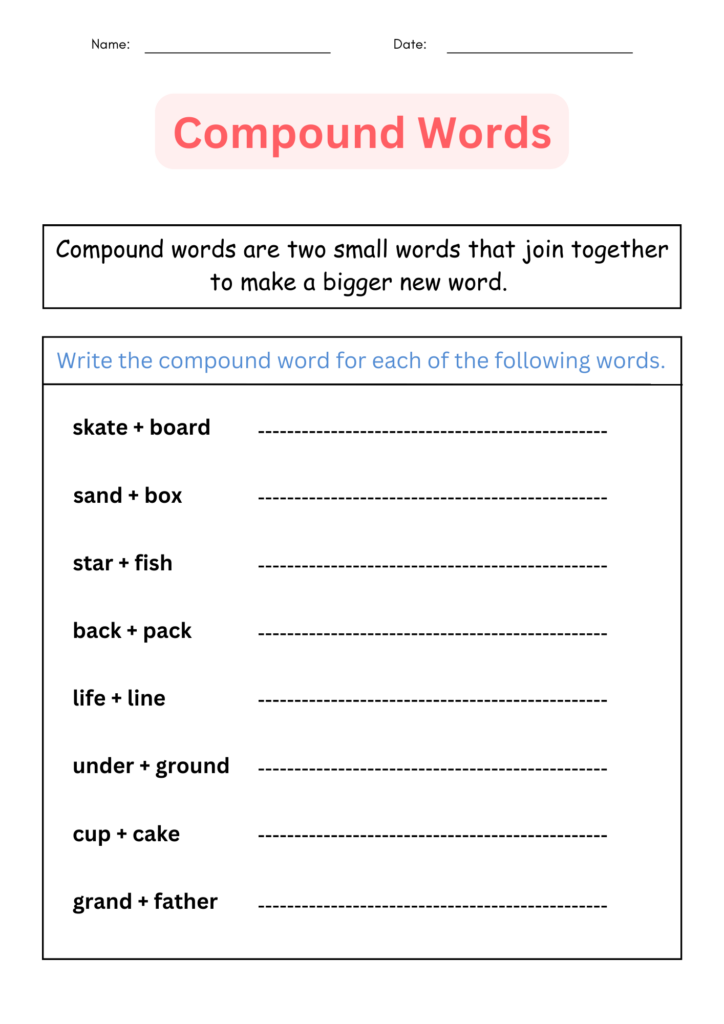 Printable Grammar Compound Words Worksheets and Activities for grade 1 ...