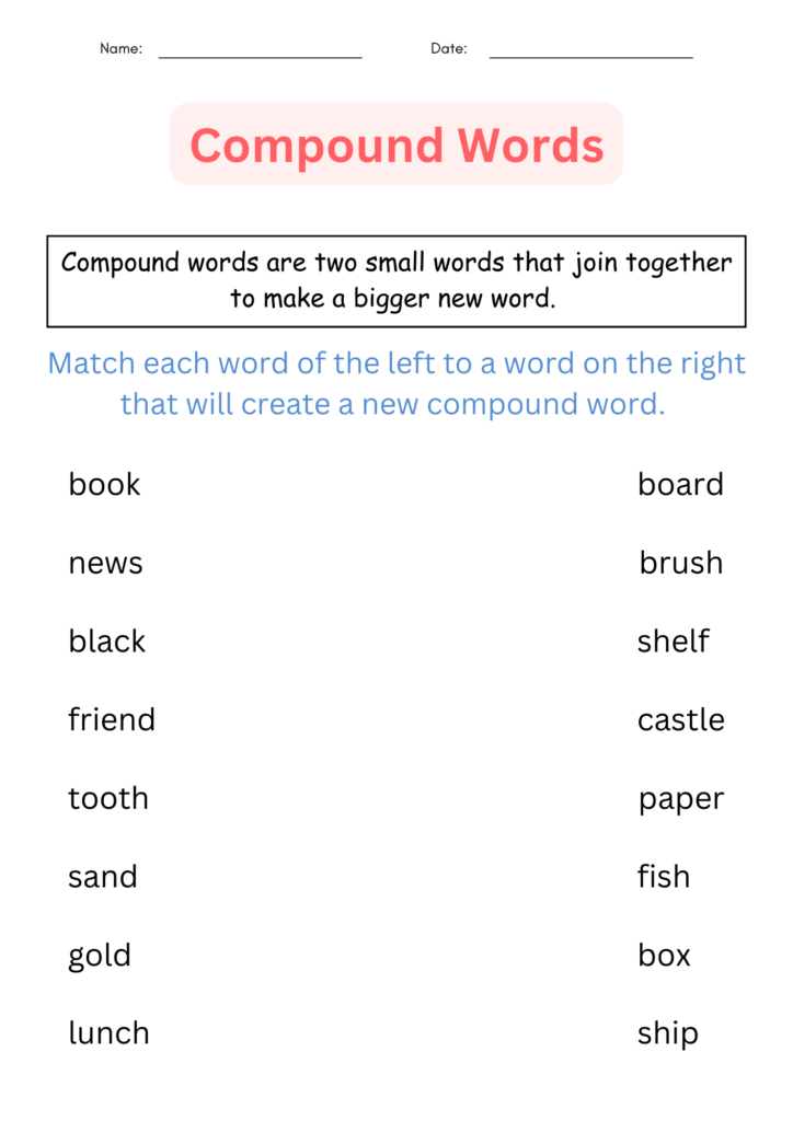 Printable Grammar Compound Words Worksheets and Activities for grade 1 ...
