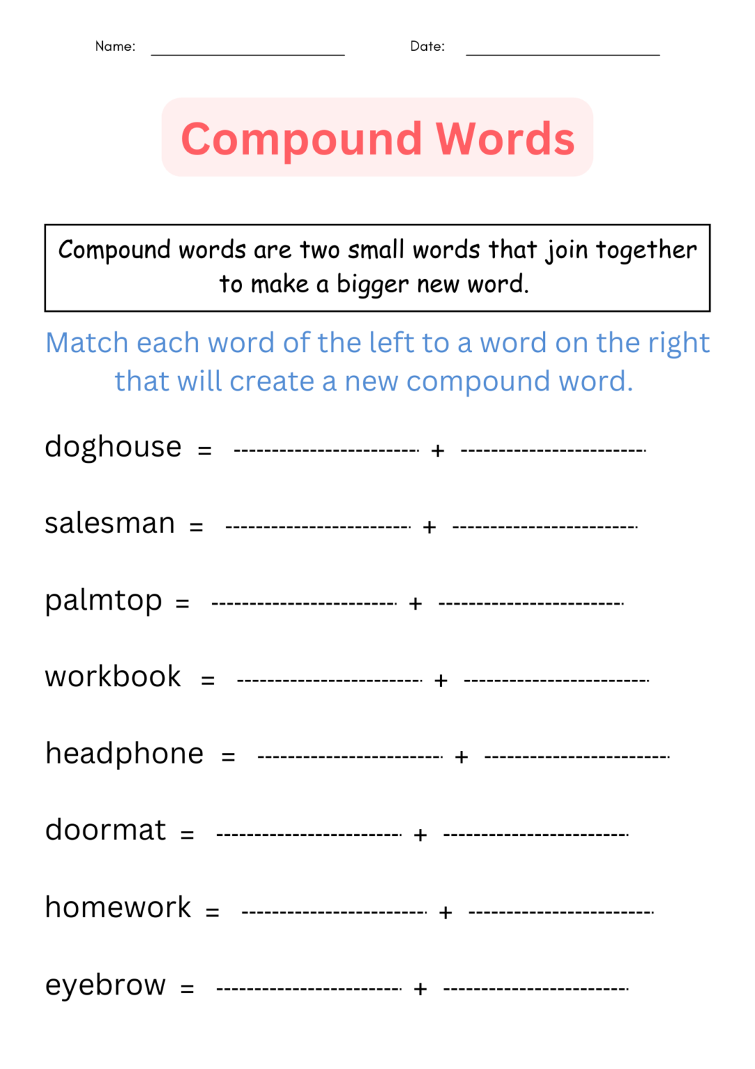 Printable Grammar Compound Words Worksheets and Activities for grade 1 ...