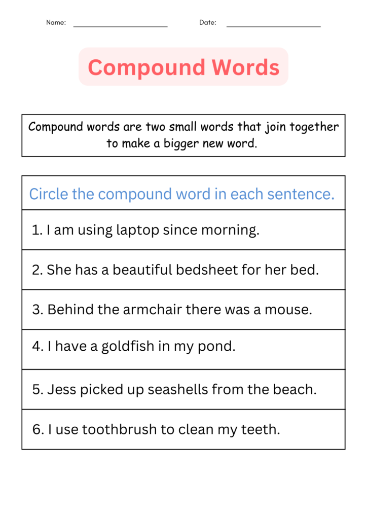 Printable Grammar Compound Words Worksheets and Activities for grade 1 ...