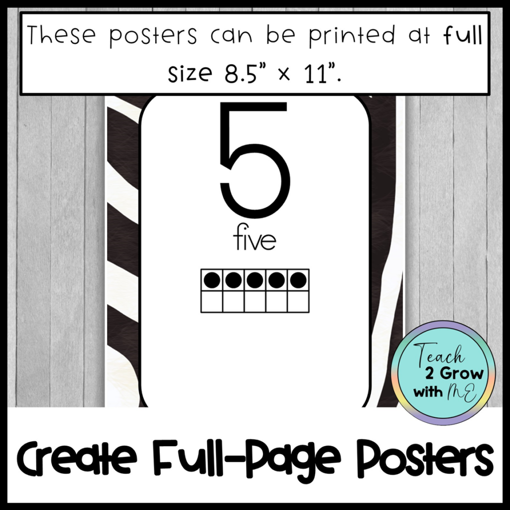 Number Posters 0-30 with Ten Frames Zoo Animal Zebra Print Classroom ...