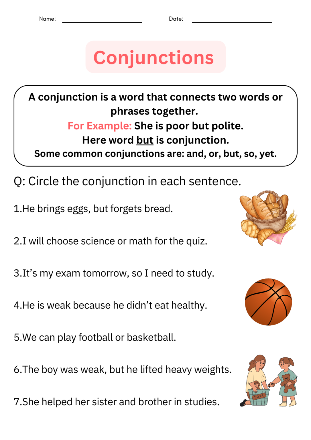 Printable Conjunctions Worksheets & Posters for 1st Grade Daily Grammar ...