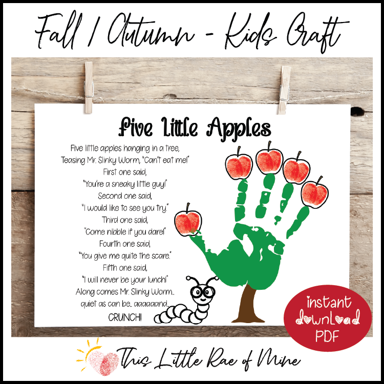 Five Little Apples - handprint Art - fingerprint - Keepsake - Printable