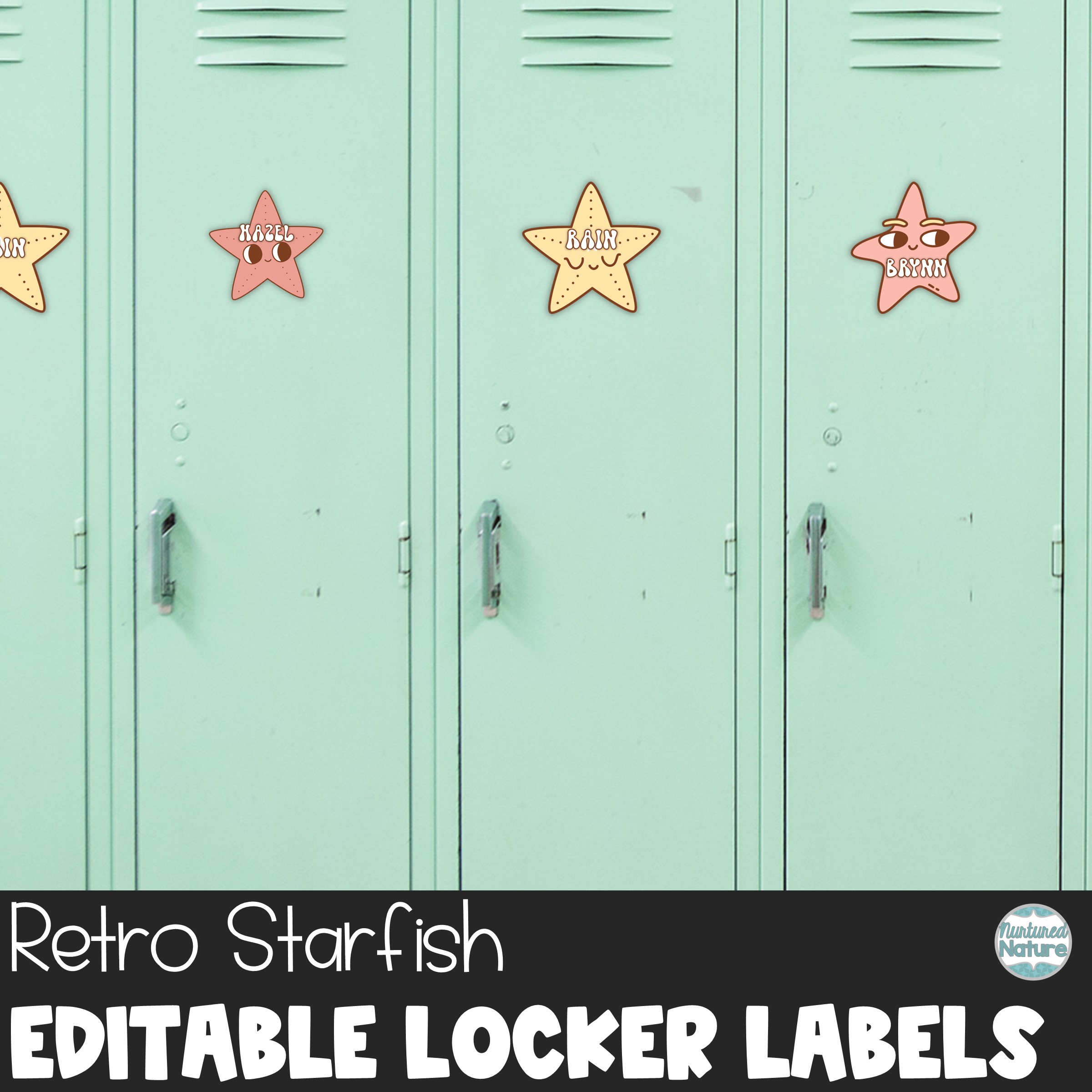 Editable Name Tags- Retro Starfish Cubby or Locker Labels for Ocean Theme Classroom