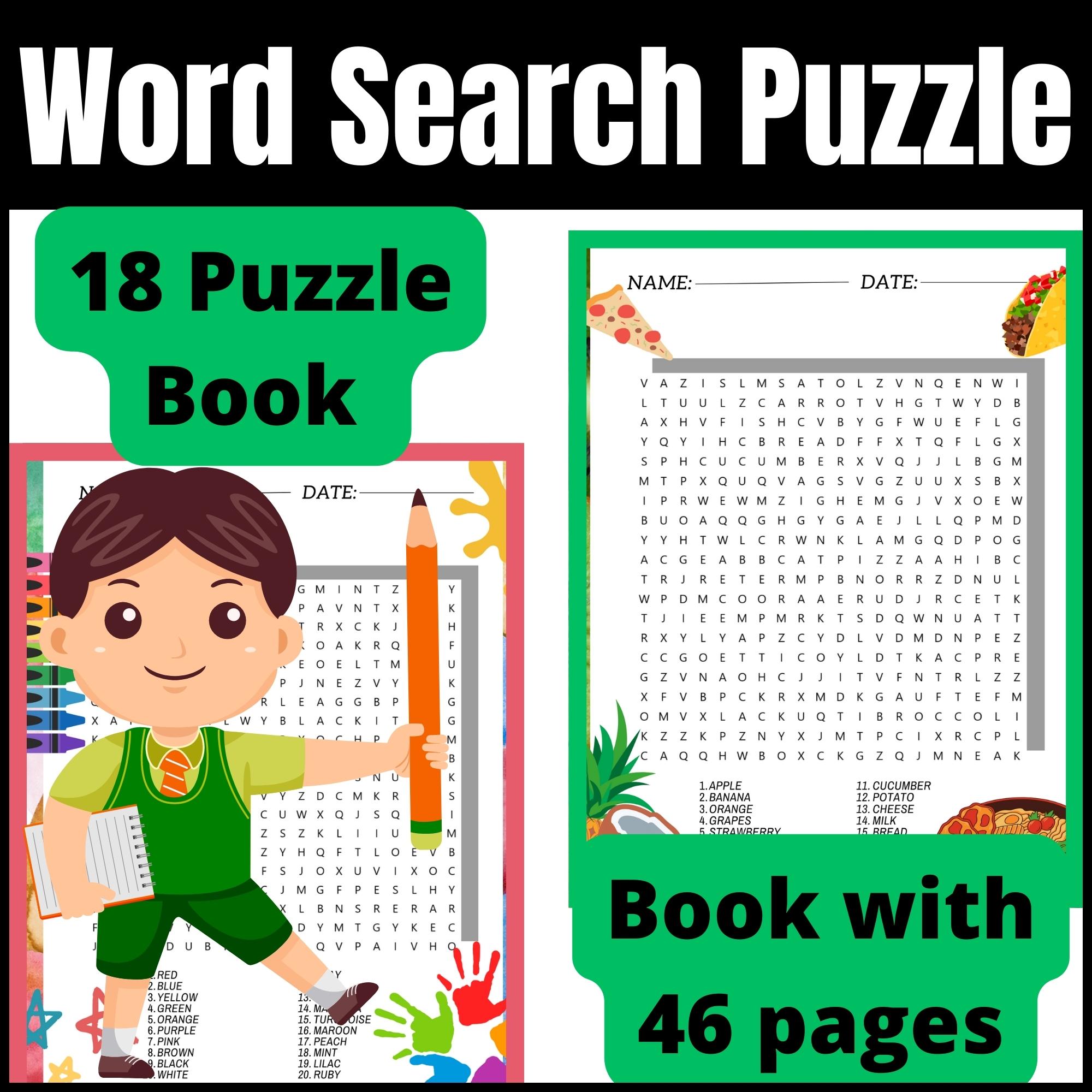 18 Word Search Puzzle book, 10 different Themes, (Music,school,Animals,etc..)