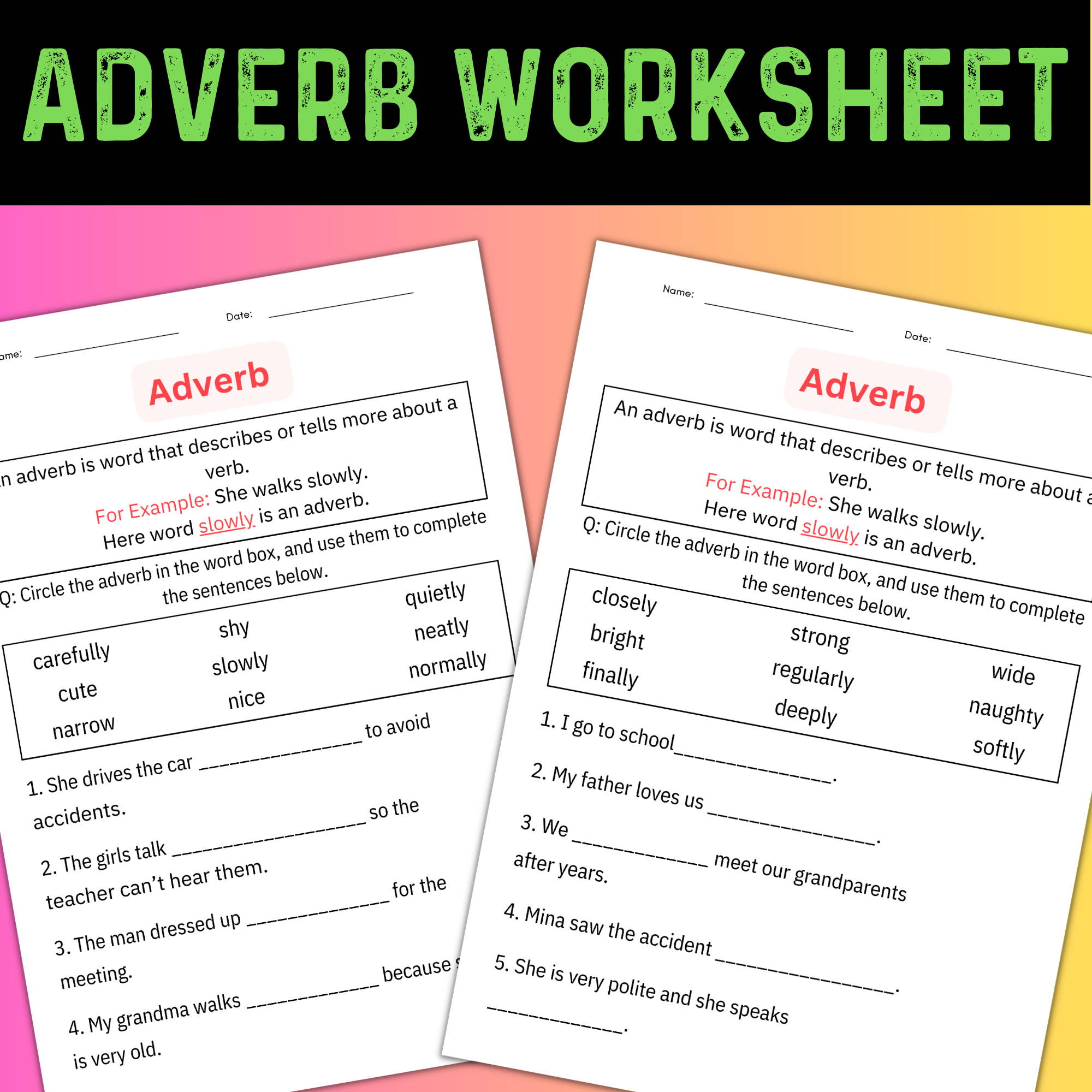 Printable Identifying Adverbs Grammar Worksheet for kindergarten | Made ...