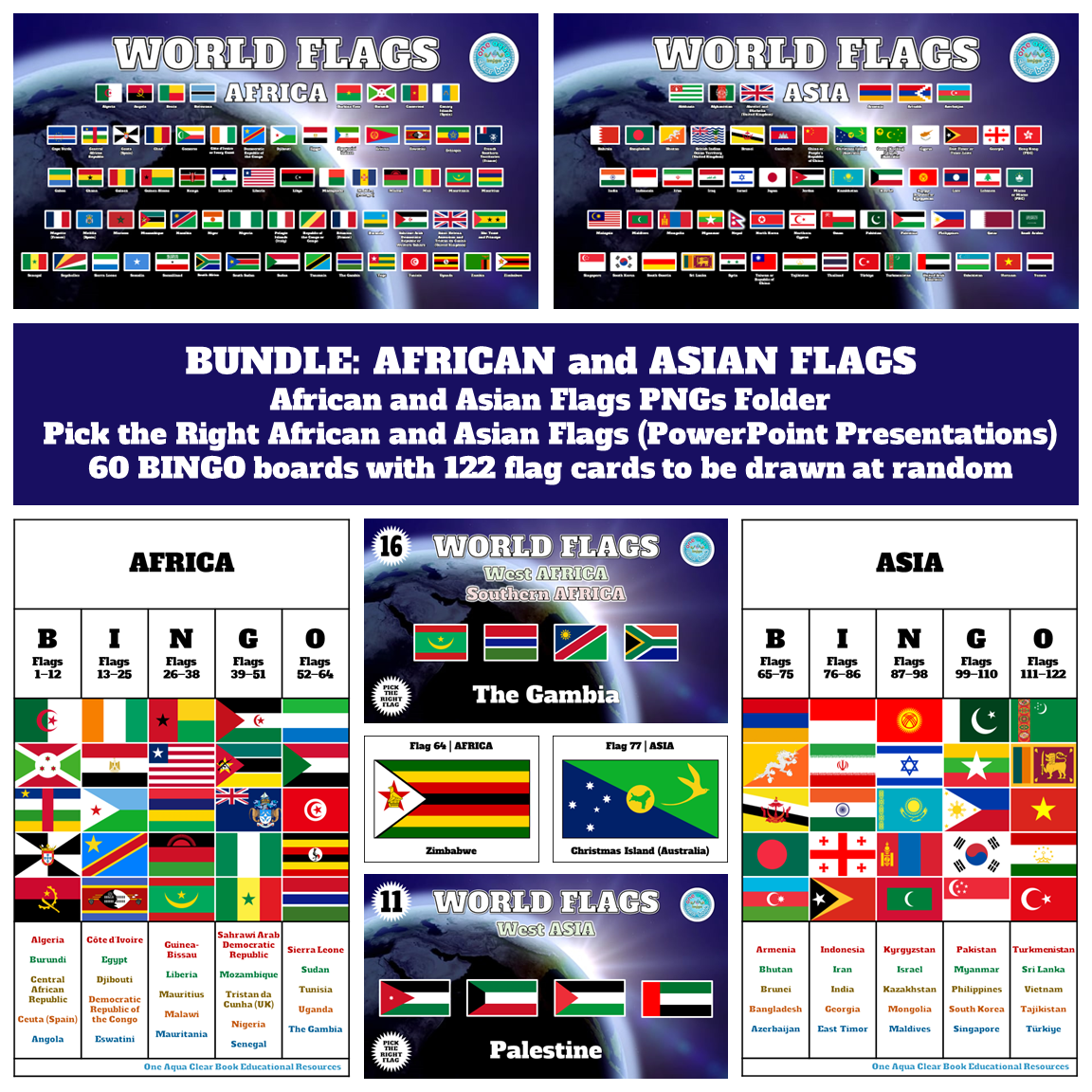 African and Asian Flags PNGs, PowerPoints, Flash Cards, and Bingo Boards