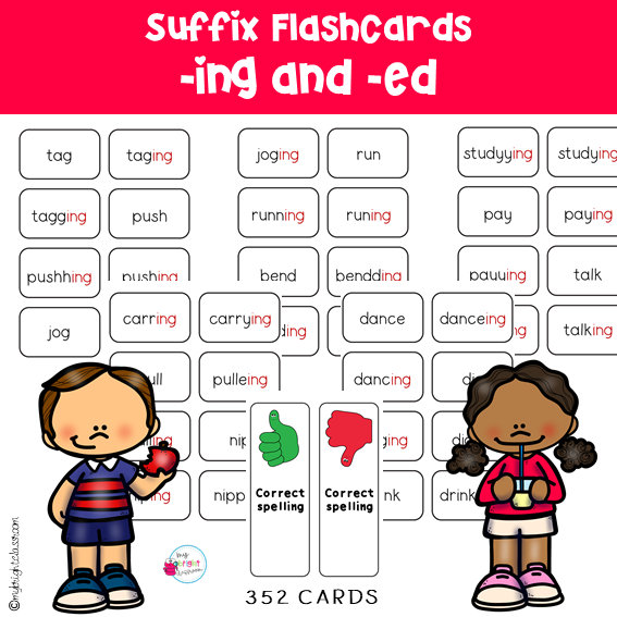 Grammar Skills with Suffix Flashcards for -ing & -ed Words