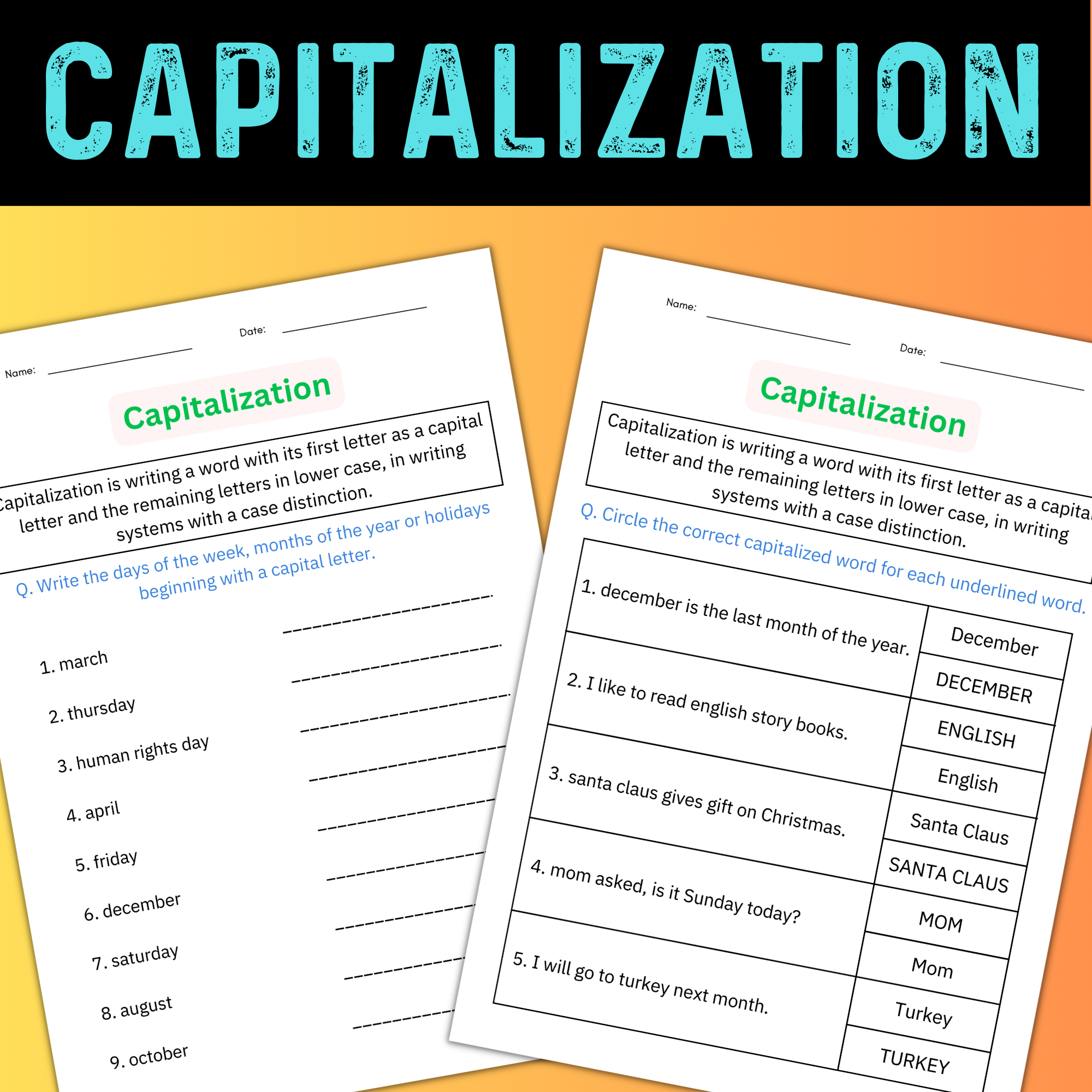 Printable Capitalization Grammar Worksheets - Digital Resources for grade 1, 2