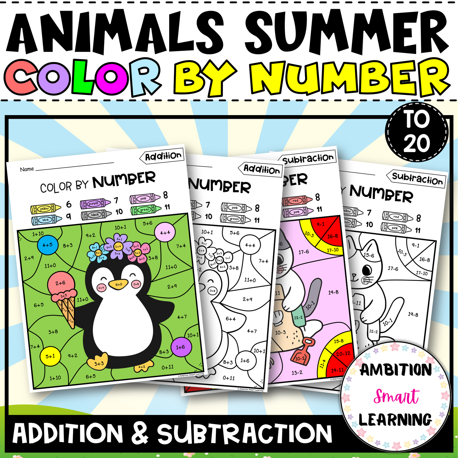 Color By Number | Cute Animals in Summer | Addition and Subtraction to ...
