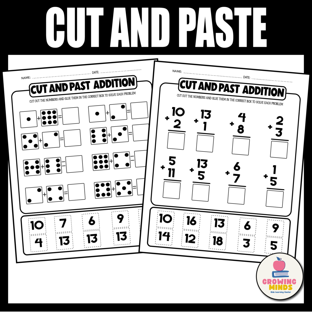 Addition Cut and Paste to 20 Worksheets-Math centers-Math addition ...