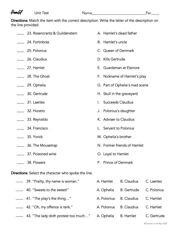 William Shakespeare's Hamlet Final Unit Test Multiple Choice Answer ...