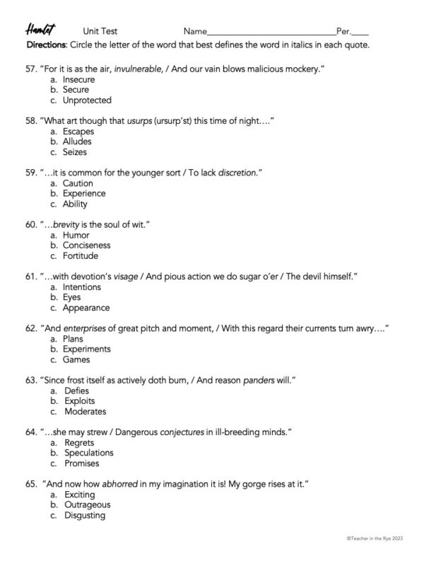 William Shakespeare's Hamlet Final Unit Test Multiple Choice Answer ...
