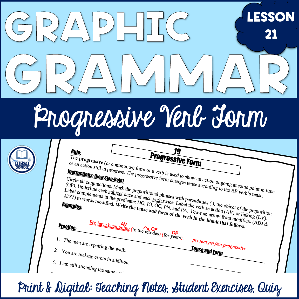 Progressive or Continuous Verbs - English Grammar Lesson 21 - Print & Digital