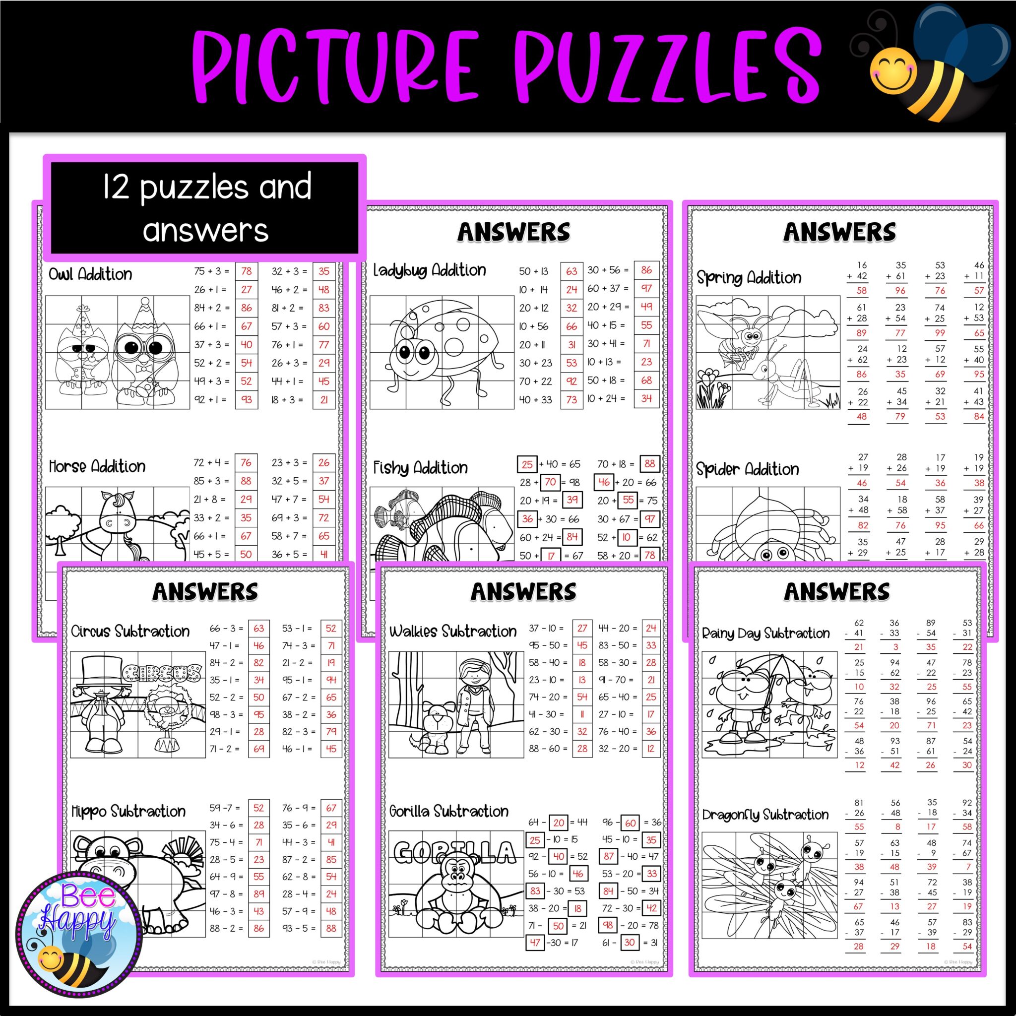 Math Mystery Picture Puzzles | Double Digit Addition and Subtraction ...