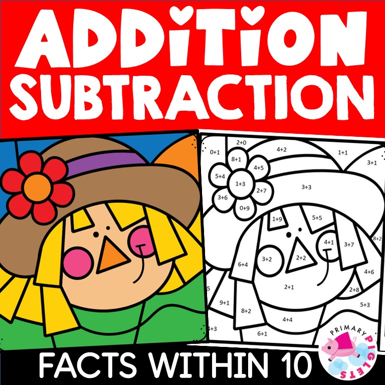Fall Addition and Subtraction to 10 Color by Number Code Math Coloring Sheets Pages