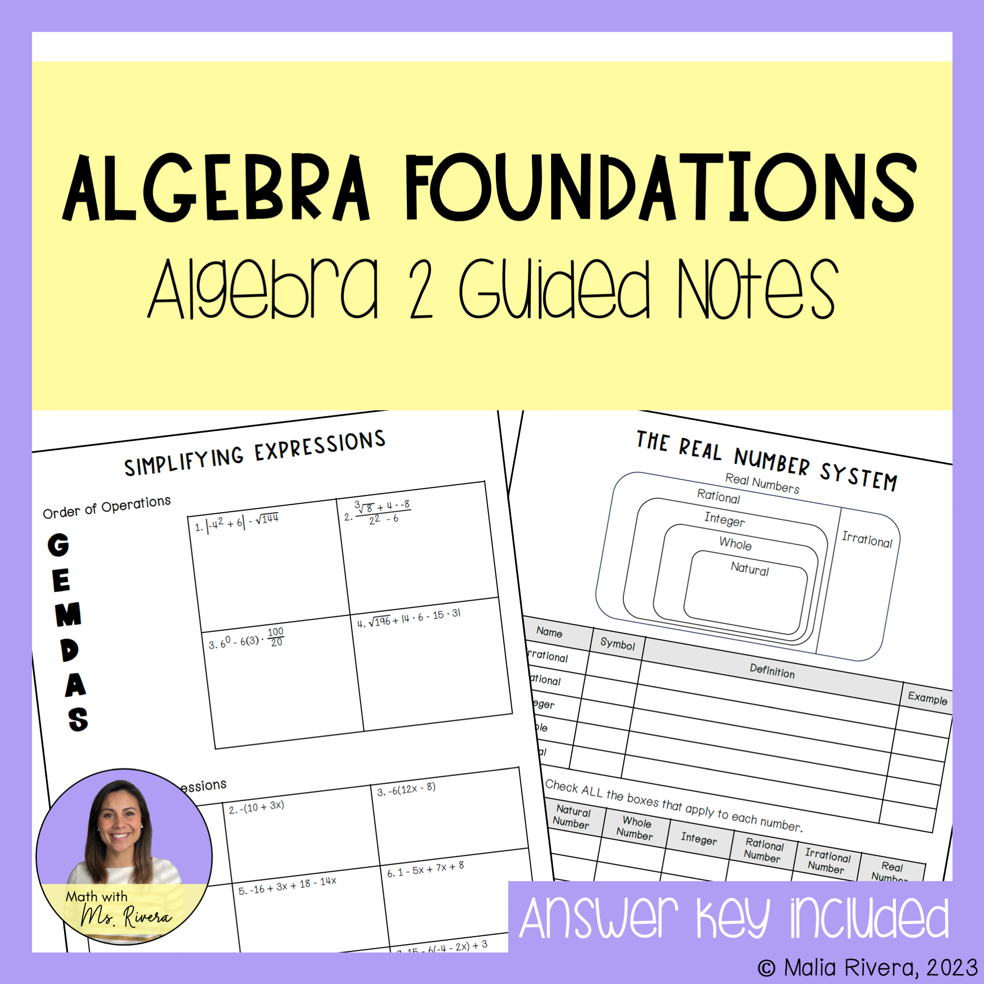Algebra Foundations Review Guided Notes Bundle for Algebra 2