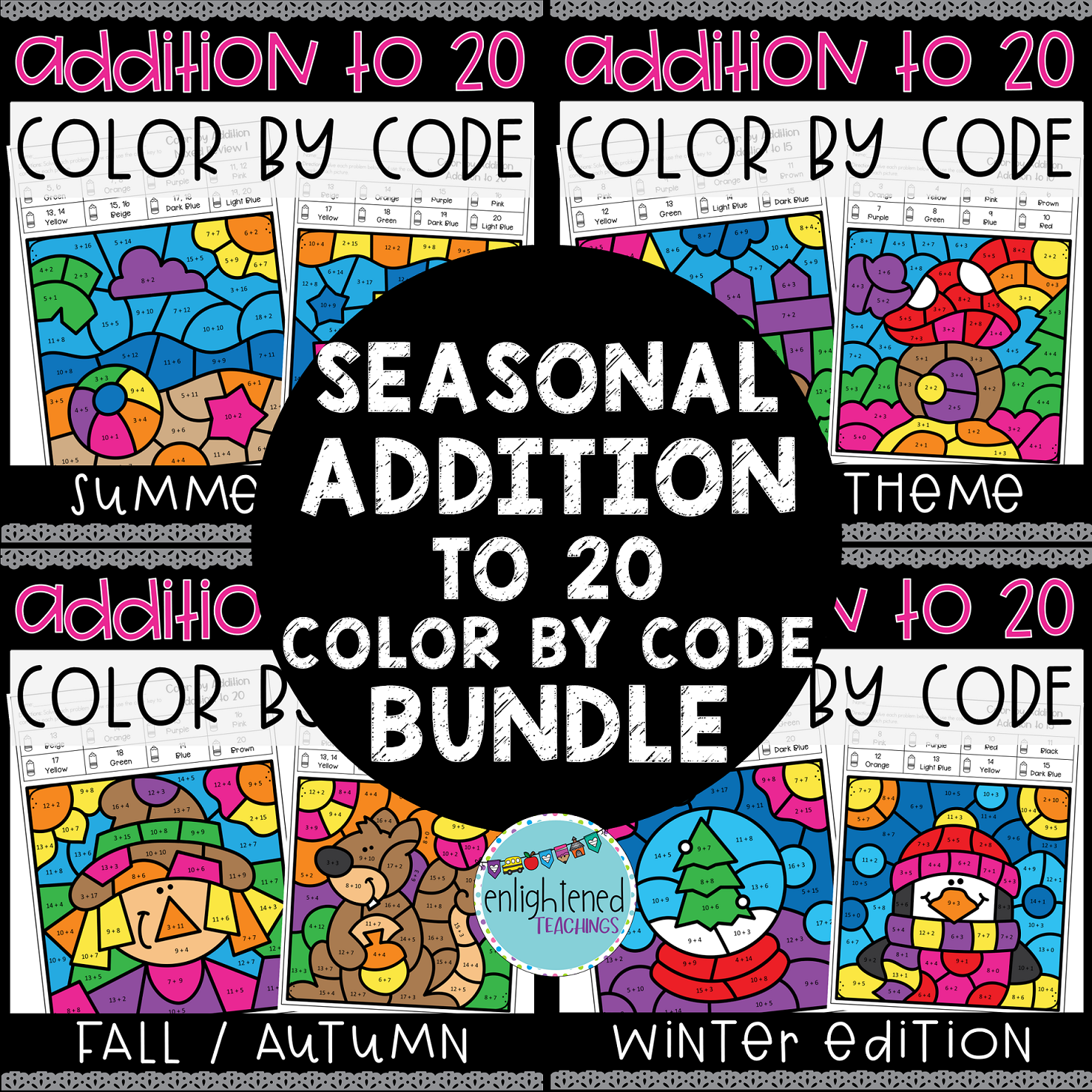 Addition to 20 Color by Code SEASONAL BUNDLE - NO PREP Addition to 20 Worksheets