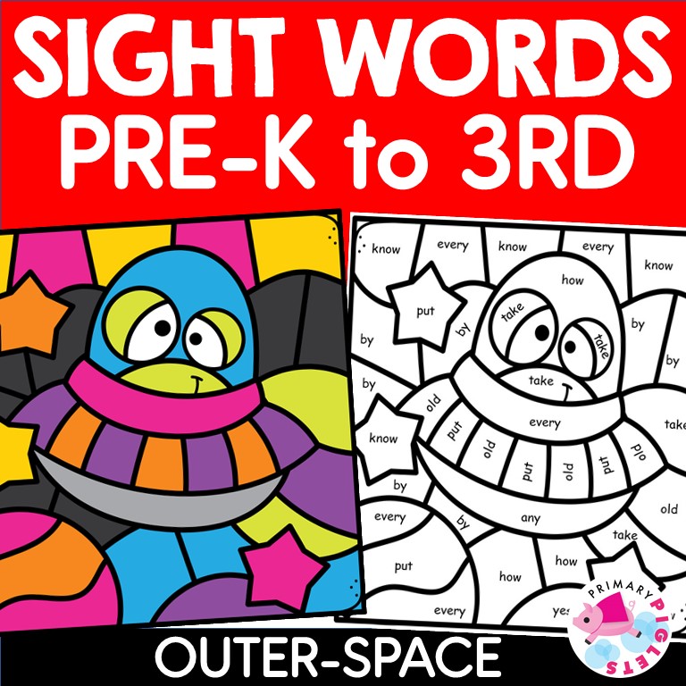 OUTER SPACE Color by Code Sight Words Pre-primer Primer 1st 2nd 3rd Coloring Sheets