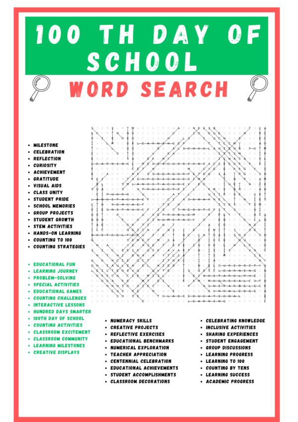 100 TH DAY OF SCHOOL WORD SEARCH PUZZLE WORKSHEETS ACTIVITIES FOR KIDS ...