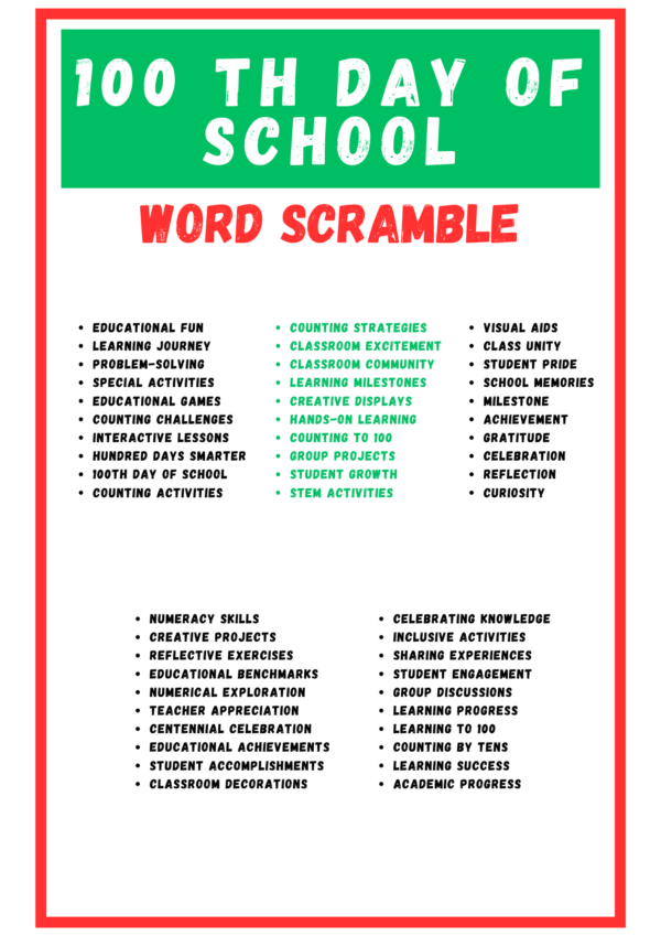 100 TH DAY OF SCHOOL WORD SCRAMBLE PUZZLE WORKSHEETS ACTIVITIES FOR ...