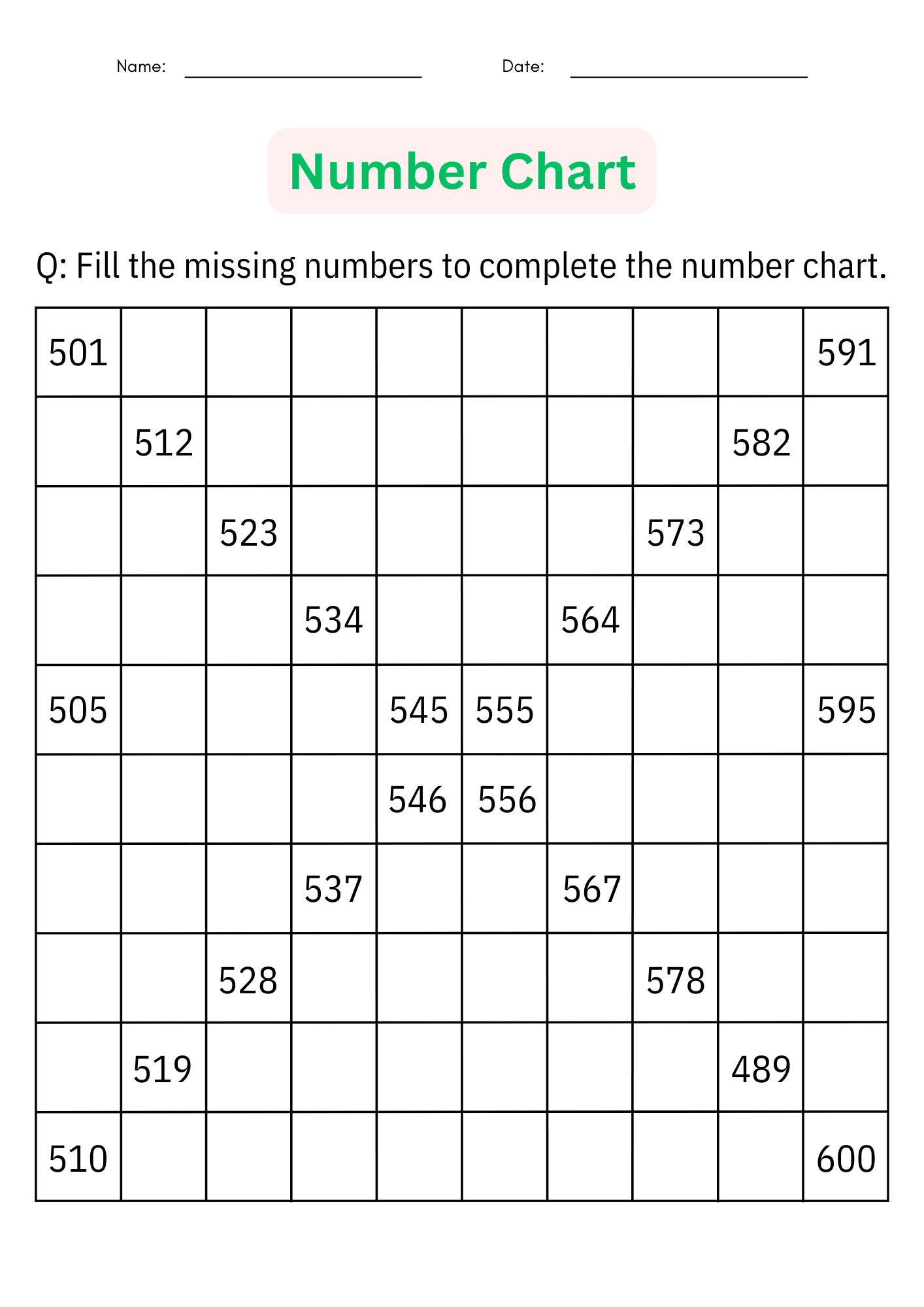 Number Chart 1 to 1000 - Missing Number Math Worksheets for Grade 1, 2 ...