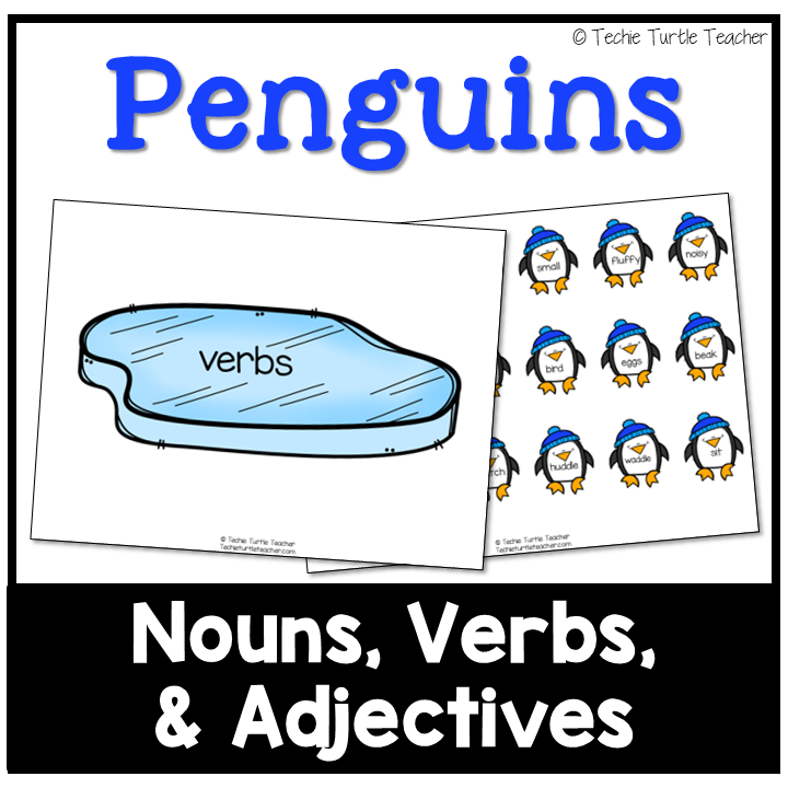 Penguin Parts of Speech-Nouns, Adjectives, Verbs-Center Activity & Worksheets