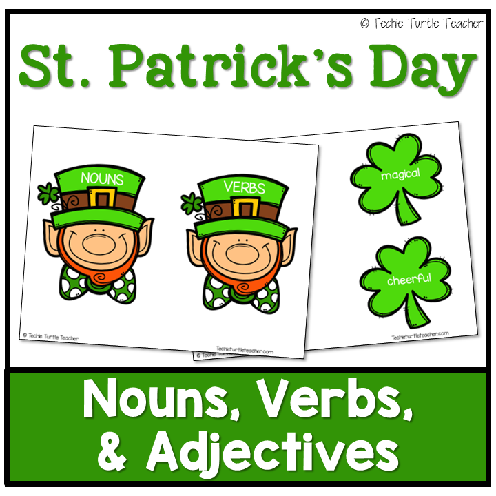 St. Patrick's Day Nouns, Adjectives & Verbs-Grammar Center Activity & Worksheets