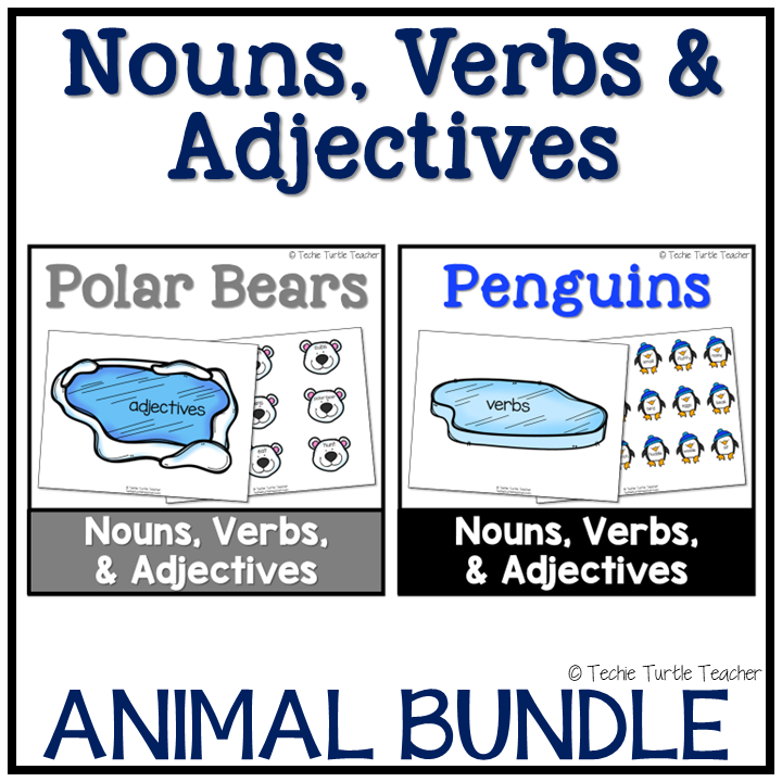 Parts of Speech (Nouns, Verbs, Adjectives) Animal Bundle Centers & Worksheets