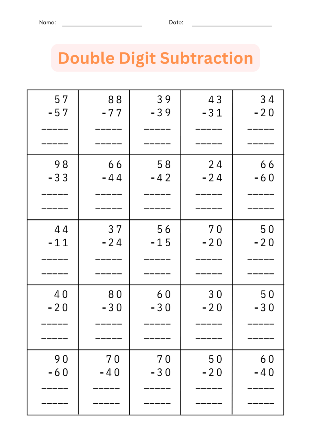 Double Digit Subtraction 1 to 100 Worksheets - 2 digit subtraction for ...