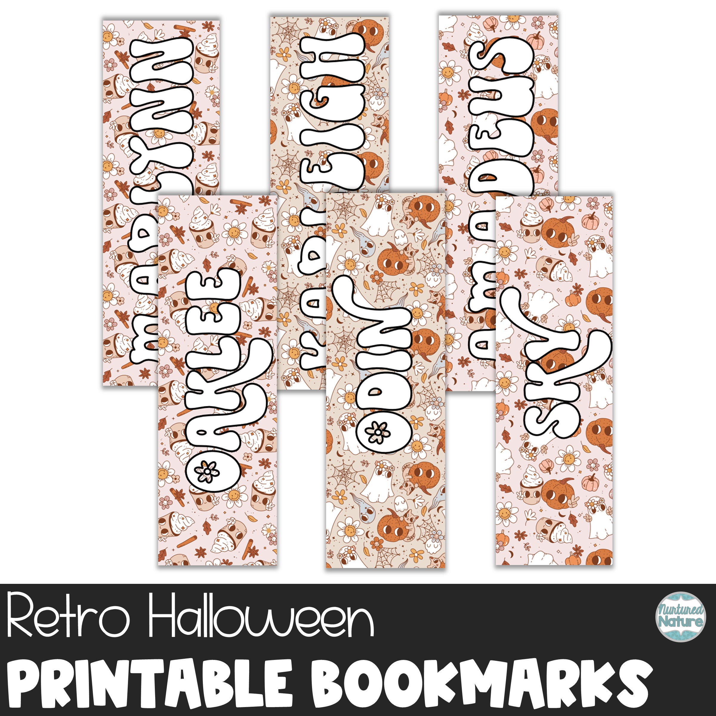 Fall Gifts for Students - Editable Name Bookmarks - Retro Halloween Pumpkins and Ghosts