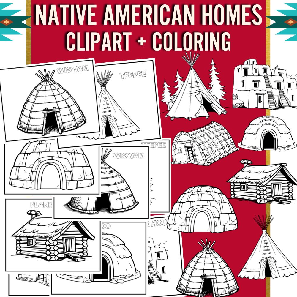 Native American Homes Outline Clipart + Coloring Pages
