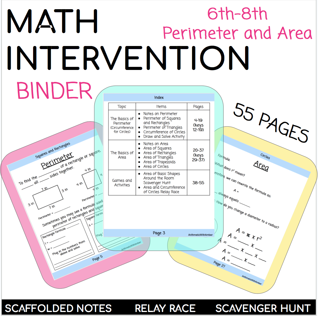 Middle School Math Intervention Perimeter and Area of Basic Shapes Bundle