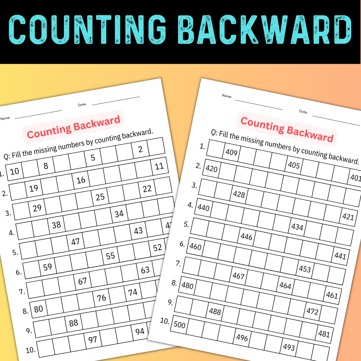 printable Counting Backward 1 to 500 Number Math worksheet for grade 1 ...