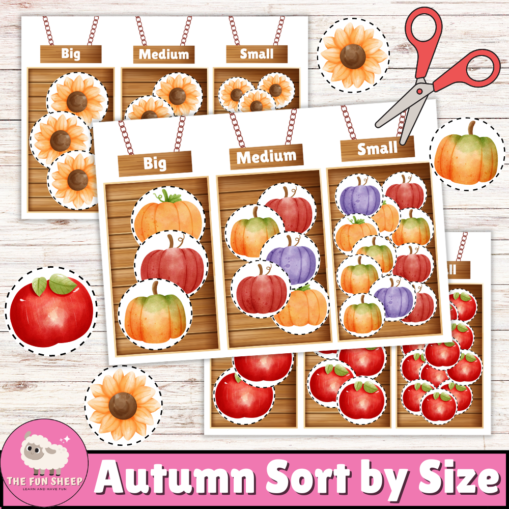 Autumn Sort by Size | Size Sorting Activity - Fall Pumpkins apples & sunflowers