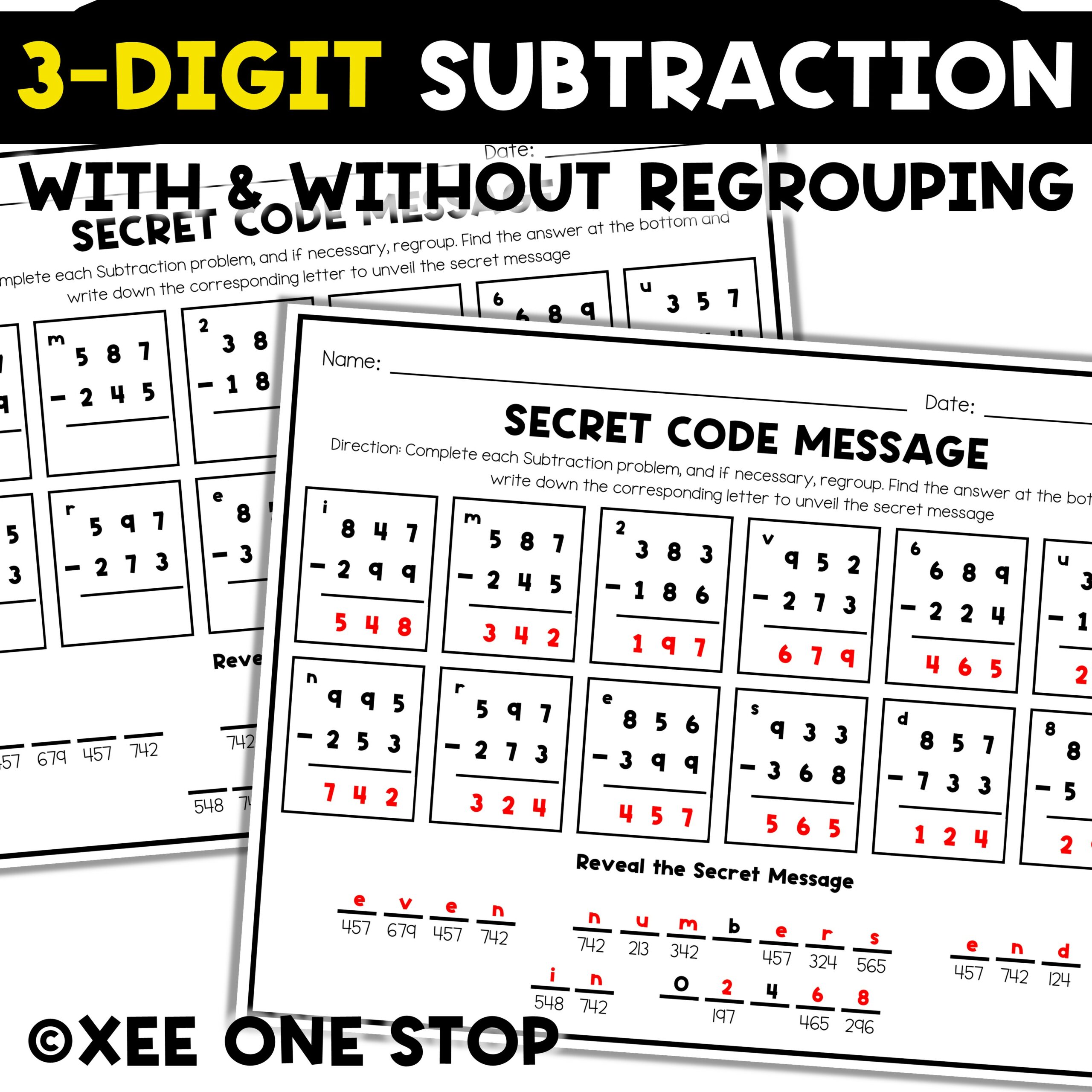 3-Digit Subtraction With and Without Regrouping Back To School Secret Code Words