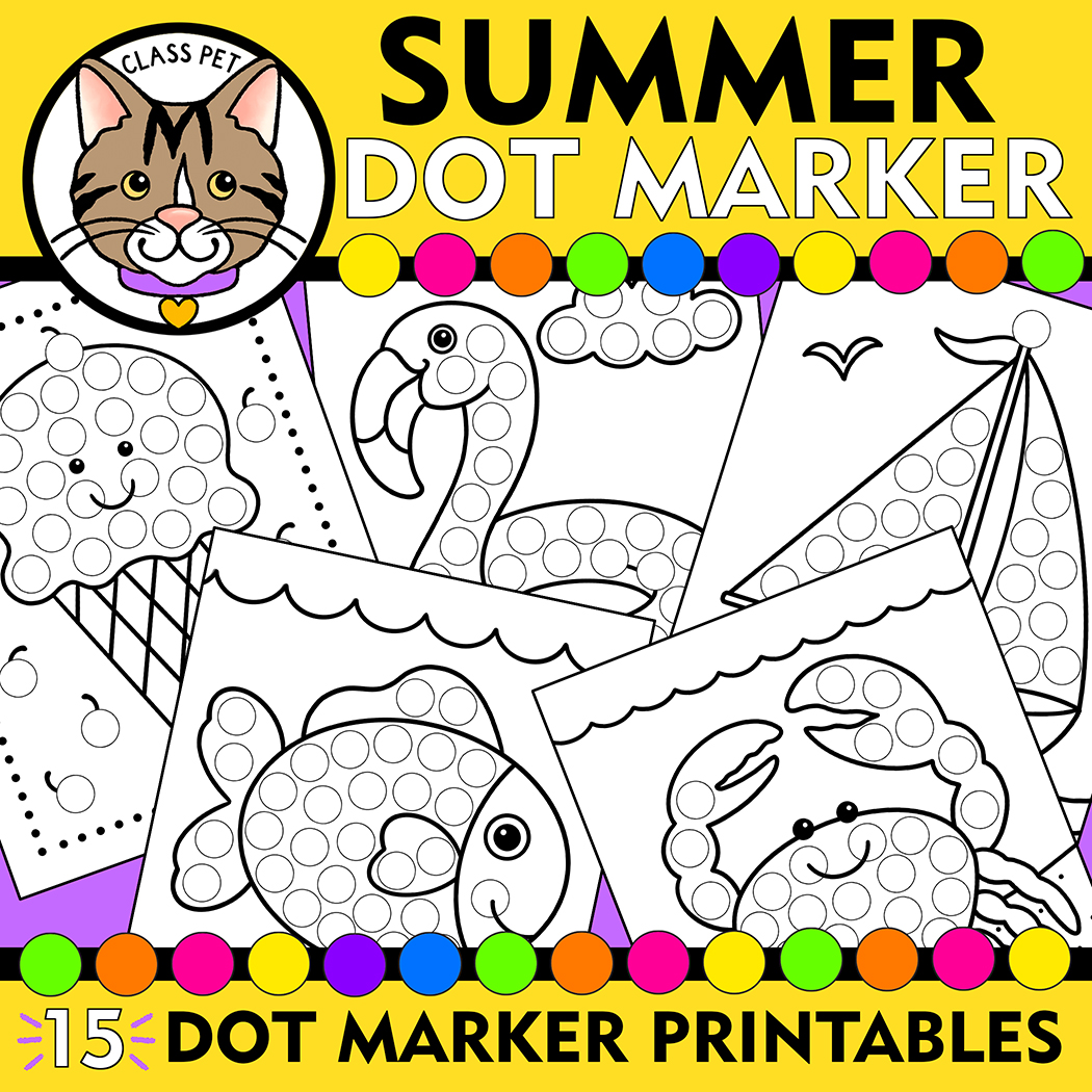 Summer Dot Marker Coloring Pages, Summer Do a Dot Printable, Summer Fine Motor Activity