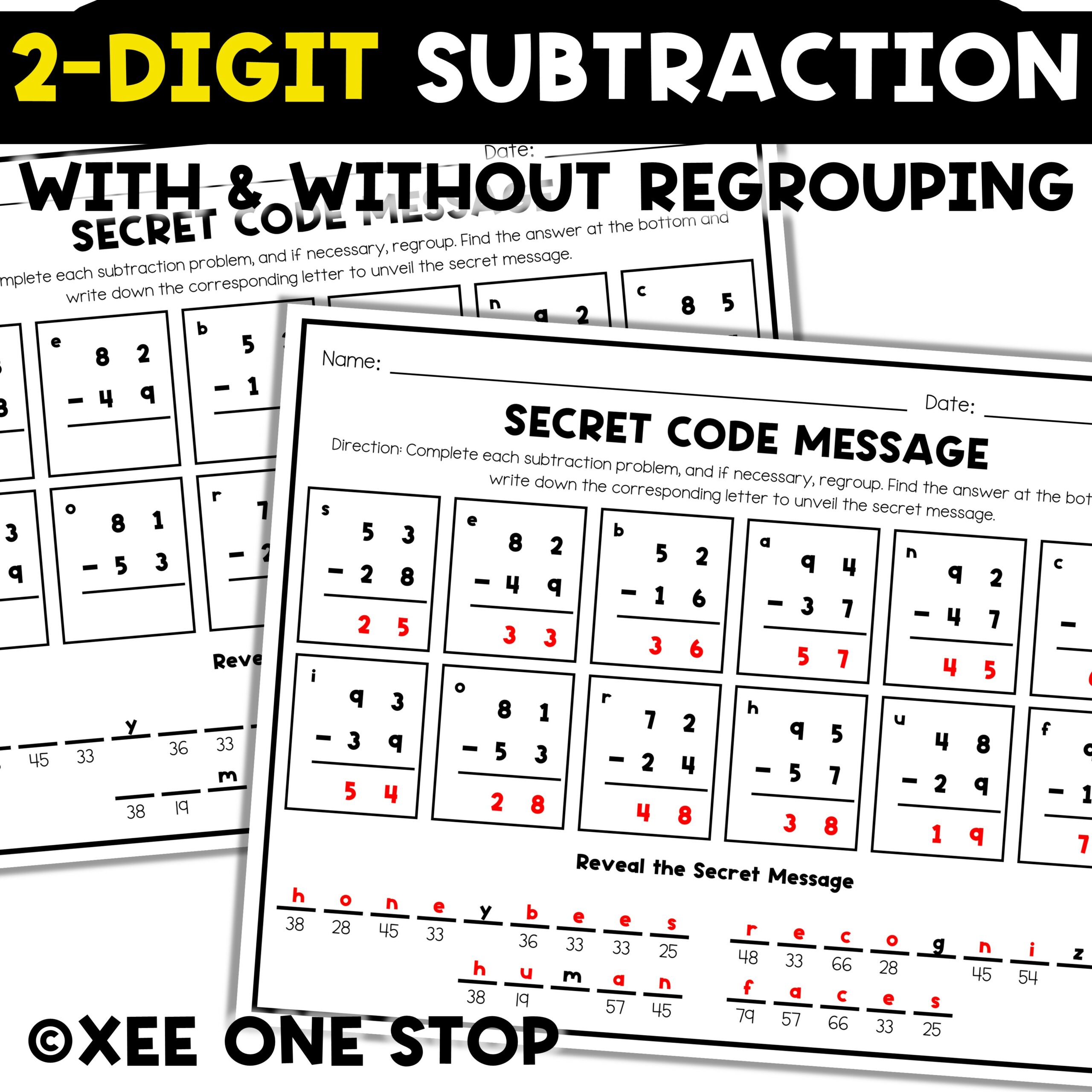 2-Digit Subtraction Back To School Fun Fact Secret Code Message